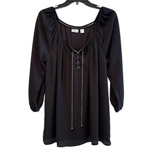 Cato Black Long Sleeve Boho Sheer Chain Detail‎ V-Neck Neck Tunic Top L